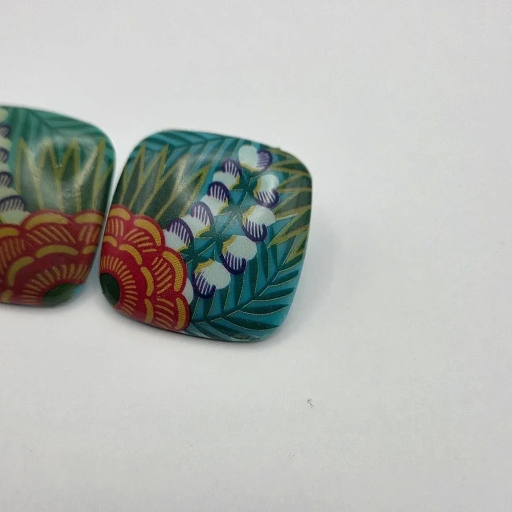 Avon Tropical Beauty Earrings Womens OS Teal Good 1987 Floral Lucite Square 80s